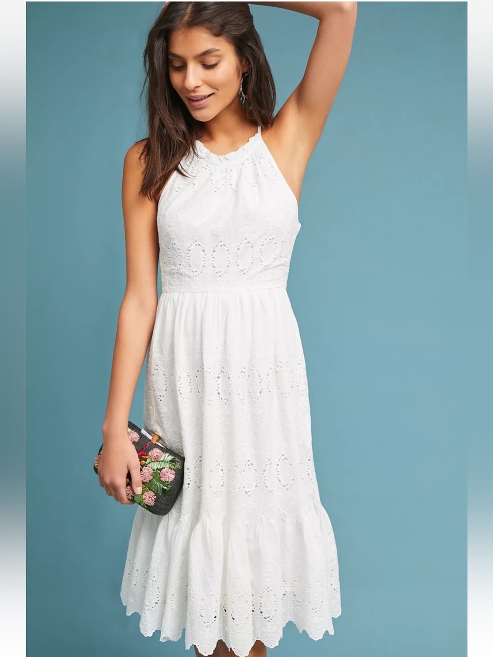 Anthropology Maeve Eyelet halter white tiered side zip maxi dress 8